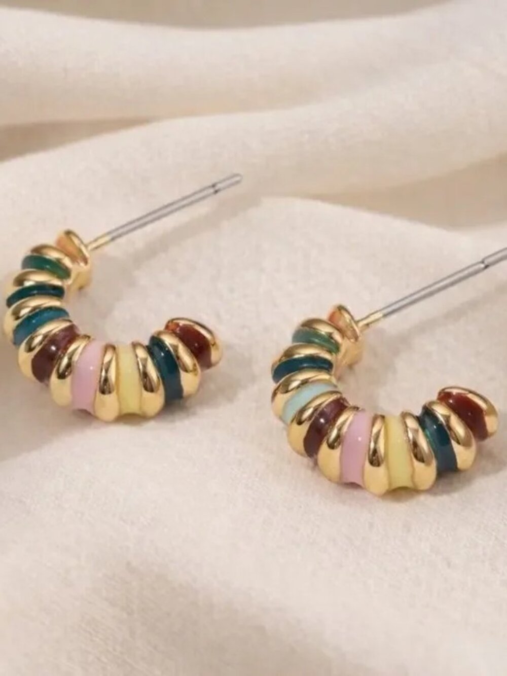 Anthropologie Hoop Retro Striped Enamel Gold Boho C-shape French VTG Open